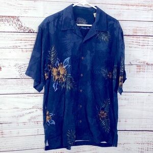 Tommy Bahama Navy Floral Men's short sleeve button down size LG Shirt 100% silk